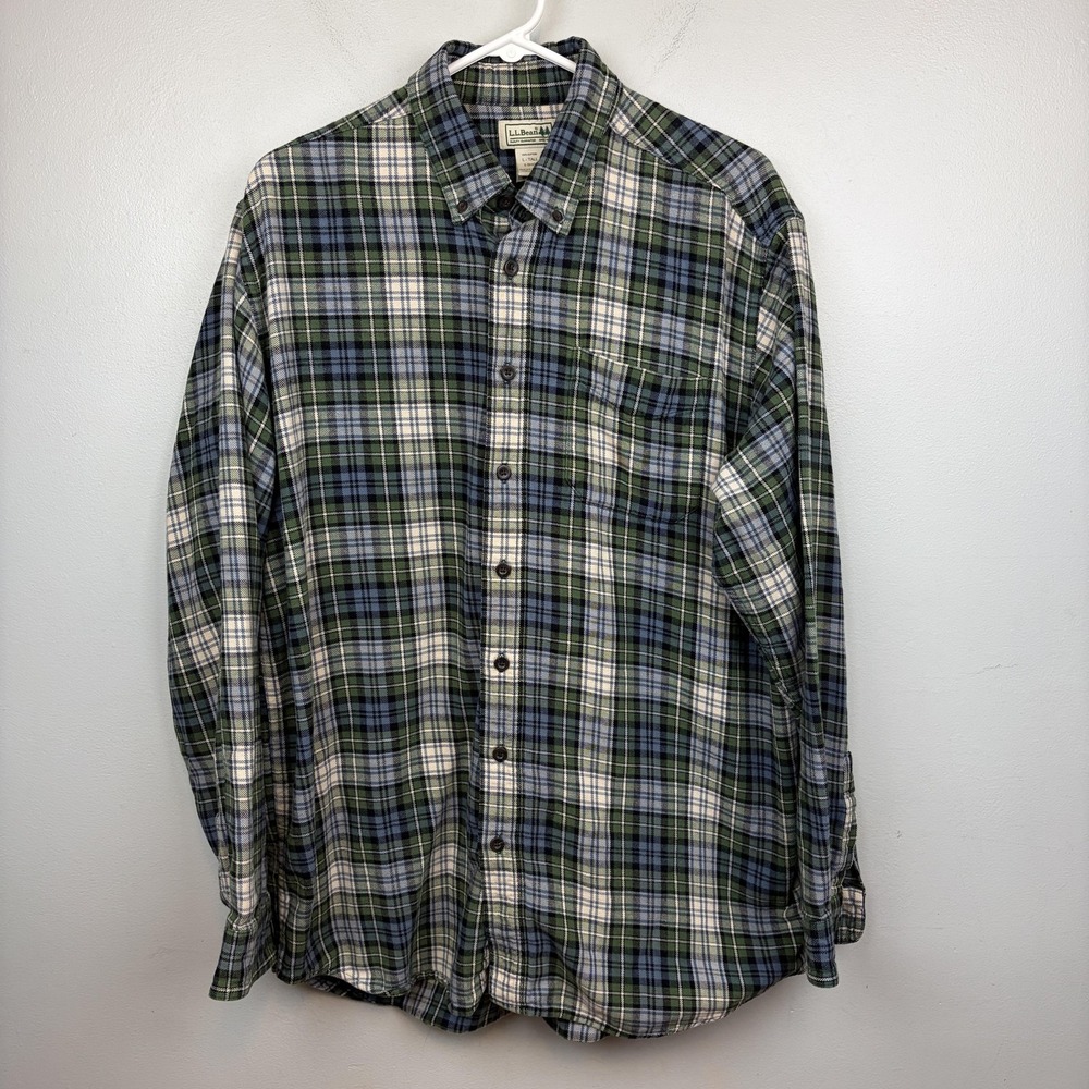 L.L. Bean Shirt Mens Large Tall LT Green Plaid Flannel Long Sleeve Button‎ Up